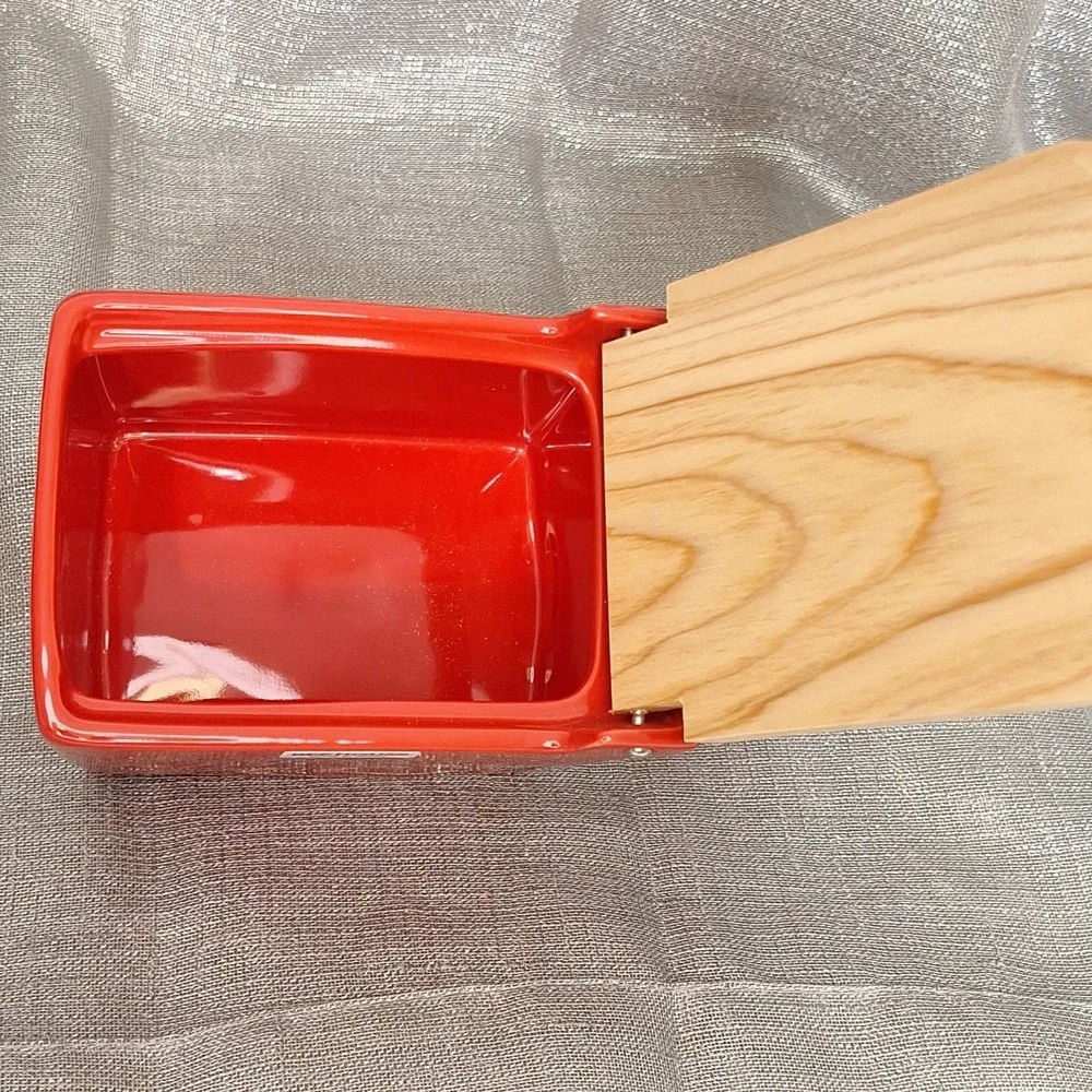 Zero Japan Red Ceramic Salt Box Cellar Wood Hinoki Lid Handle Kitchen Canister